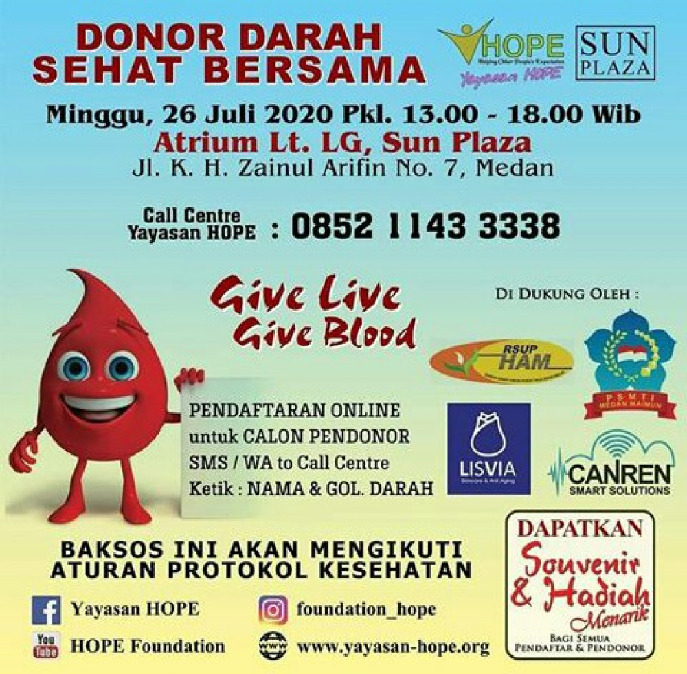 Donor Darah Sehat Bersama Yayasan HOPE & Sun Plaza